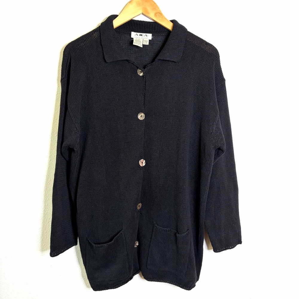 90s vintage linen cotton Eddie Bauer Black Button-Up Knit Cardigan Pockets Sz L